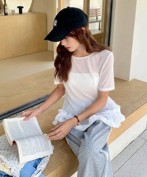 Doula Doula(ドゥーラドゥーラ)の「フリル裾シアーカットソー(Tシャツ/カットソー・レディース・ホワイト/ブルー・FREE)」の4枚目の写真