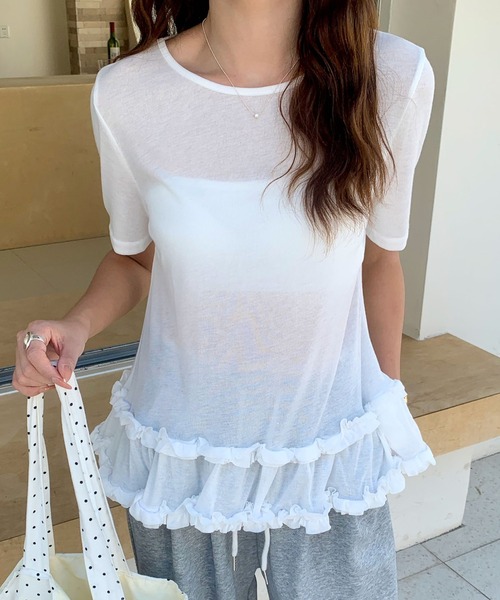Doula Doula(ドゥーラドゥーラ)の「フリル裾シアーカットソー(Tシャツ/カットソー・レディース・ホワイト/ブルー・FREE)」の8枚目の写真