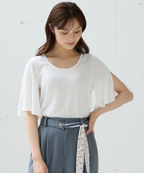 Andemiu（アンデミュウ）の「シアーストライプスリットカットソー574455（Tシャツ/カットソー・レディース・オフホワイト/ブラック・FREE）」の2枚目の写真