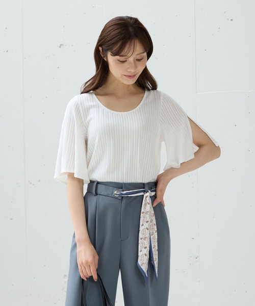 Andemiu（アンデミュウ）の「シアーストライプスリットカットソー574455（Tシャツ/カットソー・レディース・オフホワイト/ブラック・FREE）」の5枚目の写真