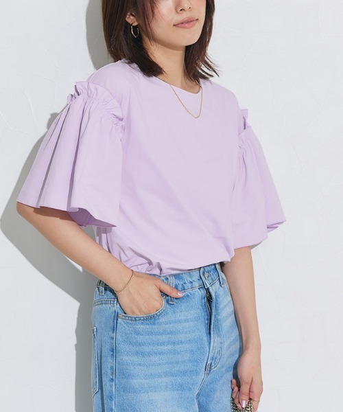 Pierrot(ピエロ)の「ドライタッチフリルギャザースリーブTシャツ(Tシャツ/カットソー・レディース・ネイビー/ブラック/オフホワイト/ラベンダー・L/M)」の4枚目の写真