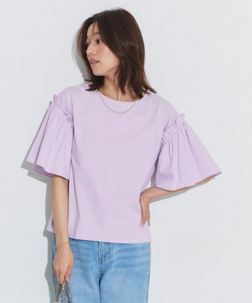 Pierrot(ピエロ)の「ドライタッチフリルギャザースリーブTシャツ(Tシャツ/カットソー・レディース・ネイビー/ブラック/オフホワイト/ラベンダー・L/M)」の6枚目の写真