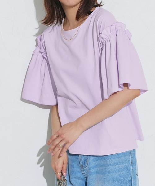 Pierrot(ピエロ)の「ドライタッチフリルギャザースリーブTシャツ(Tシャツ/カットソー・レディース・ネイビー/ブラック/オフホワイト/ラベンダー・L/M)」の7枚目の写真