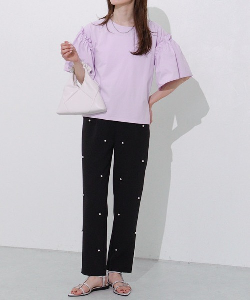 Pierrot(ピエロ)の「ドライタッチフリルギャザースリーブTシャツ(Tシャツ/カットソー・レディース・ネイビー/ブラック/オフホワイト/ラベンダー・L/M)」の8枚目の写真