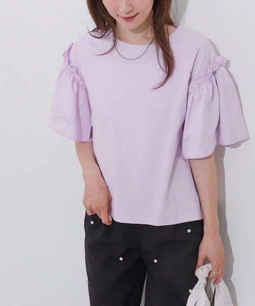 Pierrot(ピエロ)の「ドライタッチフリルギャザースリーブTシャツ(Tシャツ/カットソー・レディース・ネイビー/ブラック/オフホワイト/ラベンダー・L/M)」の9枚目の写真