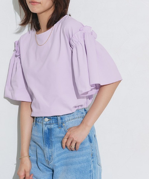 Pierrot(ピエロ)の「ドライタッチフリルギャザースリーブTシャツ(Tシャツ/カットソー・レディース・ネイビー/ブラック/オフホワイト/ラベンダー・L/M)」の5枚目の写真