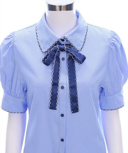 clear（クリア）の「ピコレースリボン半袖ストライプブラウス[着回し力抜群 フレンチガーリー バレエコア]≪SS新作≫（シャツ/ブラウス・レディース・ブルー系その他/ホワイト系その他・F）」の11枚目の写真