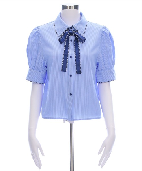 clear（クリア）の「ピコレースリボン半袖ストライプブラウス[着回し力抜群 フレンチガーリー バレエコア]≪SS新作≫（シャツ/ブラウス・レディース・ブルー系その他/ホワイト系その他・F）」の6枚目の写真