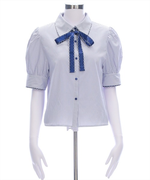 clear（クリア）の「ピコレースリボン半袖ストライプブラウス[着回し力抜群 フレンチガーリー バレエコア]≪SS新作≫（シャツ/ブラウス・レディース・ブルー系その他/ホワイト系その他・F）」の7枚目の写真