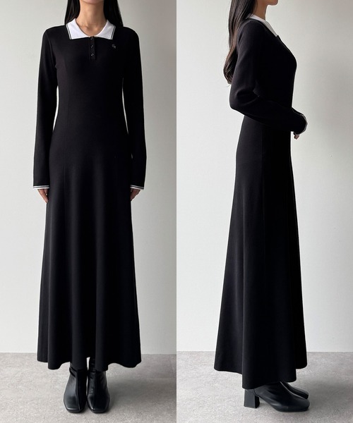 セール】ロゴ刺繍ニットポロフレアワンピース[高身長サイズMT/低身長