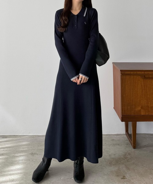 セール】ロゴ刺繍ニットポロフレアワンピース[高身長サイズMT/低身長