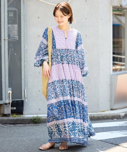 美品IENA✨インド綿ティアードワンピース インドパネルティアードワンピース（ワンピース）｜SLOBE IENA
