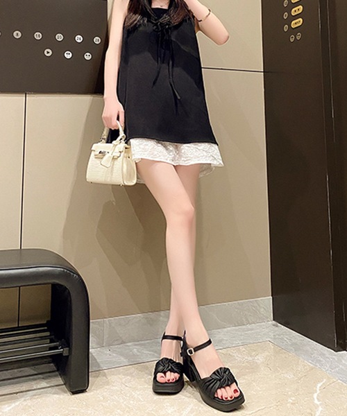 Lace Ladies(レースレディース)の「フロント ツイスト ギャザー アンクルストラップ ヒール サンダル(サンダル・レディース・ブラック/アイボリー・22.5cm/23cm/23.5cm/24cm/24.5cm/25cm)」の5枚目の写真