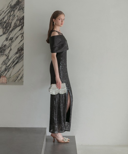 Leja（レジャ）の「【LEJA LUXE】シースルーアシンメトリースパンコールスリットIラインドレスワンピース美脚効果結婚式 パーティードレス 成人式 二次会 同窓会 お呼ばれ オケージョン 20代 30代（ドレス・レディース・ブラック・LARGE/MEDIUM/SMALL）」の6枚目の写真