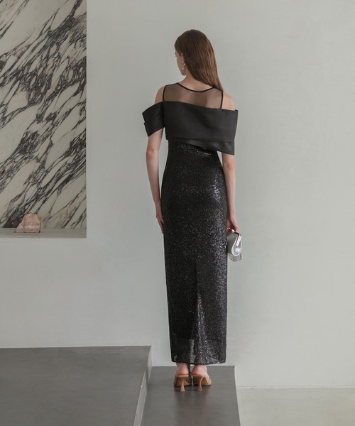 Leja（レジャ）の「【LEJA LUXE】シースルーアシンメトリースパンコールスリットIラインドレスワンピース美脚効果結婚式 パーティードレス 成人式 二次会 同窓会 お呼ばれ オケージョン 20代 30代（ドレス・レディース・ブラック・LARGE/MEDIUM/SMALL）」の9枚目の写真