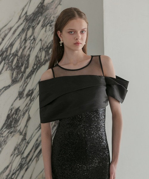 Leja（レジャ）の「【LEJA LUXE】シースルーアシンメトリースパンコールスリットIラインドレスワンピース美脚効果結婚式 パーティードレス 成人式 二次会 同窓会 お呼ばれ オケージョン 20代 30代（ドレス・レディース・ブラック・LARGE/MEDIUM/SMALL）」の5枚目の写真