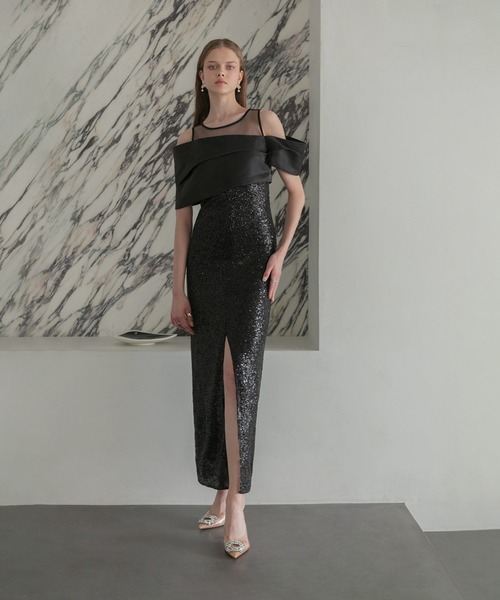 Leja（レジャ）の「【LEJA LUXE】シースルーアシンメトリースパンコールスリットIラインドレスワンピース美脚効果結婚式 パーティードレス 成人式 二次会 同窓会 お呼ばれ オケージョン 20代 30代（ドレス・レディース・ブラック・LARGE/MEDIUM/SMALL）」の2枚目の写真