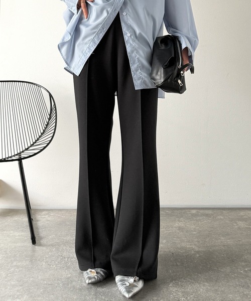 セール】大人脚長シルエット♪ダンボール素材ピンタックフレアパンツ