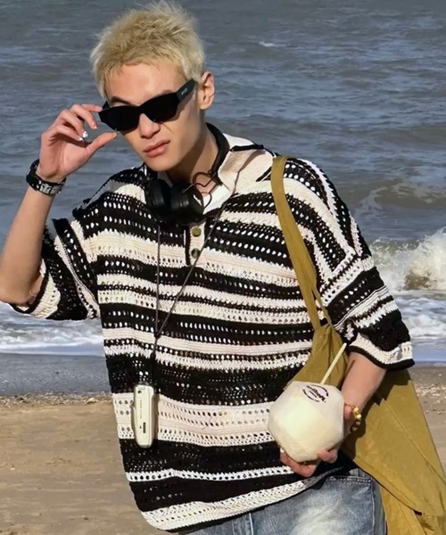 THE HITSS(ヒッツ)の「レトロ カラフルストライプ 透かし編み サマーニット ボーダー ポロシャツ(ポロシャツ・メンズ・ブラック/マルチ・FREE)」の19枚目の写真