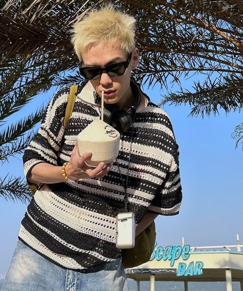 THE HITSS(ヒッツ)の「レトロ カラフルストライプ 透かし編み サマーニット ボーダー ポロシャツ(ポロシャツ・メンズ・ブラック/マルチ・FREE)」の21枚目の写真