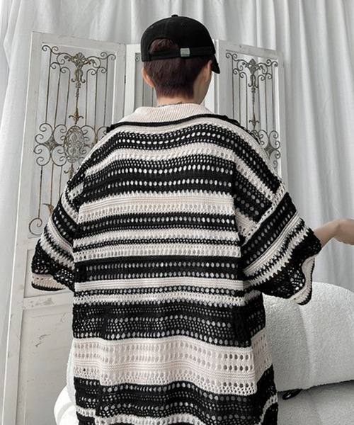 THE HITSS(ヒッツ)の「レトロ カラフルストライプ 透かし編み サマーニット ボーダー ポロシャツ(ポロシャツ・メンズ・ブラック/マルチ・FREE)」の9枚目の写真