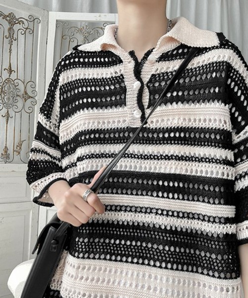 THE HITSS(ヒッツ)の「レトロ カラフルストライプ 透かし編み サマーニット ボーダー ポロシャツ(ポロシャツ・メンズ・ブラック/マルチ・FREE)」の5枚目の写真