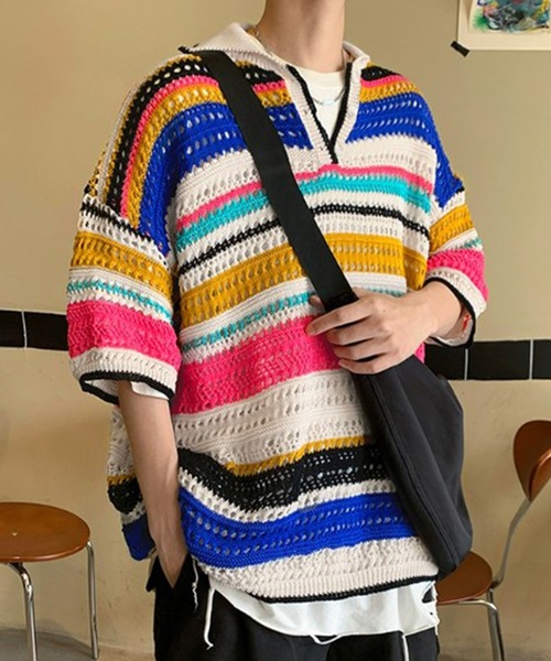 THE HITSS(ヒッツ)の「レトロ カラフルストライプ 透かし編み サマーニット ボーダー ポロシャツ(ポロシャツ・メンズ・ブラック/マルチ・FREE)」の4枚目の写真