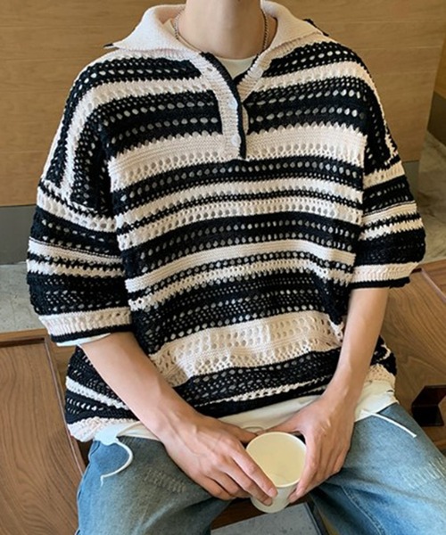 THE HITSS(ヒッツ)の「レトロ カラフルストライプ 透かし編み サマーニット ボーダー ポロシャツ(ポロシャツ・メンズ・ブラック/マルチ・FREE)」の10枚目の写真