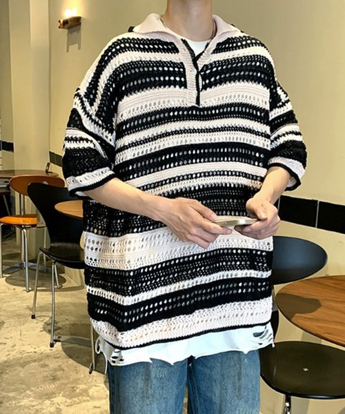 THE HITSS(ヒッツ)の「レトロ カラフルストライプ 透かし編み サマーニット ボーダー ポロシャツ(ポロシャツ・メンズ・ブラック/マルチ・FREE)」の13枚目の写真