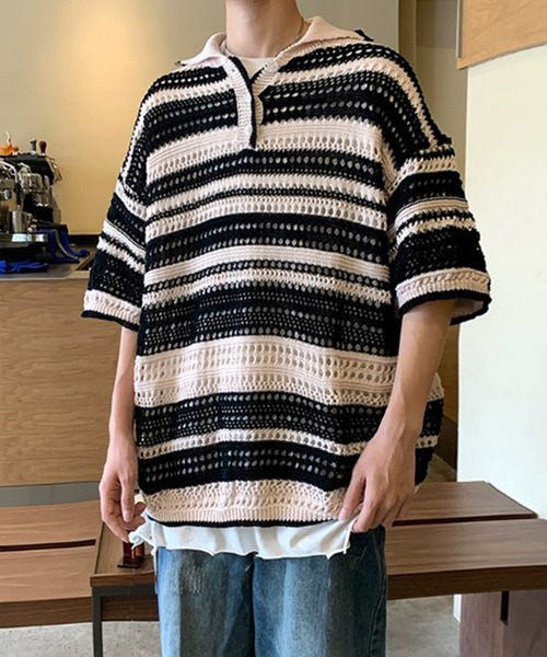 THE HITSS(ヒッツ)の「レトロ カラフルストライプ 透かし編み サマーニット ボーダー ポロシャツ(ポロシャツ・メンズ・ブラック/マルチ・FREE)」の11枚目の写真
