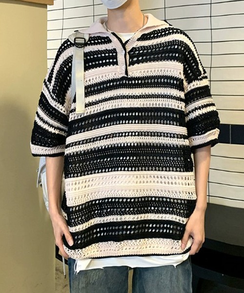 THE HITSS(ヒッツ)の「レトロ カラフルストライプ 透かし編み サマーニット ボーダー ポロシャツ(ポロシャツ・メンズ・ブラック/マルチ・FREE)」の12枚目の写真