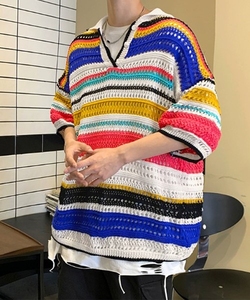 THE HITSS(ヒッツ)の「レトロ カラフルストライプ 透かし編み サマーニット ボーダー ポロシャツ(ポロシャツ・メンズ・ブラック/マルチ・FREE)」の14枚目の写真
