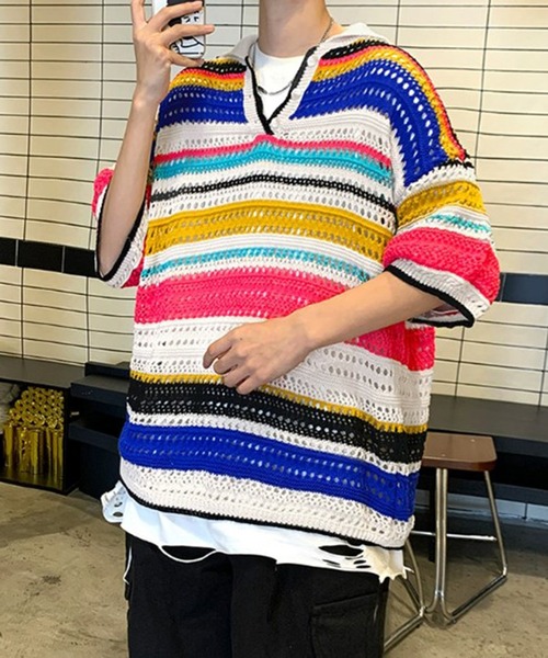 THE HITSS(ヒッツ)の「レトロ カラフルストライプ 透かし編み サマーニット ボーダー ポロシャツ(ポロシャツ・メンズ・ブラック/マルチ・FREE)」の15枚目の写真