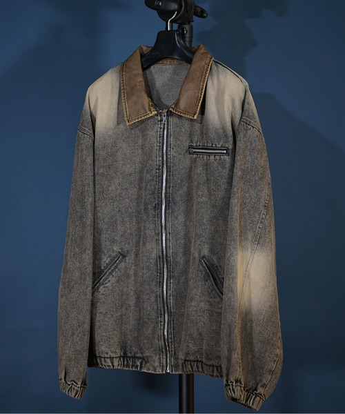 unrelaxing（アンリラクシング）の「襟レザー ビッグシルエット ヴィンテージライク デニムワークジャケット / デニムブルゾン / Gジャン デニムジャケット（ブルゾン・メンズ・ブラック/インディゴブルー/ブラック系その他・MEDIUM/LARGE）」の2枚目の写真