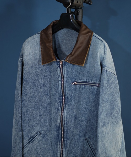 unrelaxing（アンリラクシング）の「襟レザー ビッグシルエット ヴィンテージライク デニムワークジャケット / デニムブルゾン / Gジャン デニムジャケット（ブルゾン・メンズ・ブラック/インディゴブルー/ブラック系その他・MEDIUM/LARGE）」の4枚目の写真