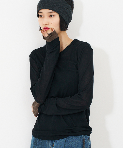 NOMINE(ノミネ)の「ダブルスリーブ シアー ロンT(Tシャツ/カットソー・レディース・アイボリー/ブラック/ライトグレー/キャメル/チャコールグレー・フリー)」の1枚目の写真