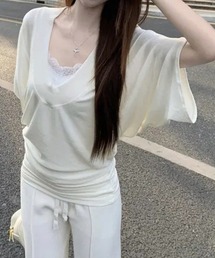 VネックTシャツ レースキャミソール単品