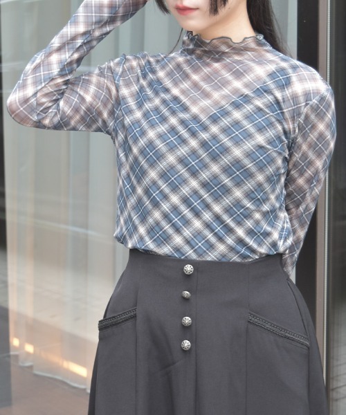 axes femme(アクシーズファム)の「チェック柄シアートップス(Tシャツ/カットソー・レディース・グレー/キナリ・FREE)」の2枚目の写真