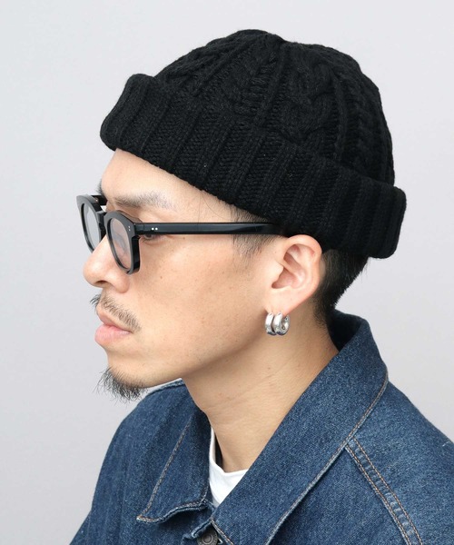 日本製 ウール混アクリル 編み替え ケーブル編み ロールキャップ