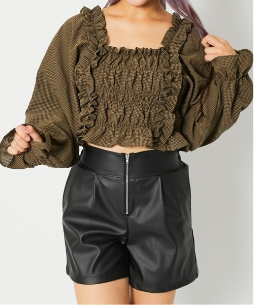 GORGE(ゴージ)の「《フリル×シャーリング》レディース チェック柄 ブラウス 長袖 トップス 体型カバー 春夏秋(シャツ/ブラウス・レディース・ブラウン/ボルドー/ブラック・F)」の3枚目の写真