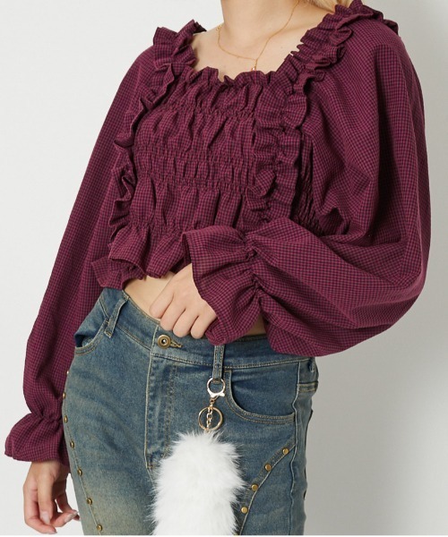 GORGE(ゴージ)の「《フリル×シャーリング》レディース チェック柄 ブラウス 長袖 トップス 体型カバー 春夏秋(シャツ/ブラウス・レディース・ブラウン/ボルドー/ブラック・F)」の2枚目の写真