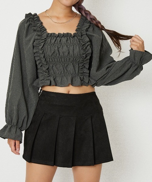 GORGE(ゴージ)の「《フリル×シャーリング》レディース チェック柄 ブラウス 長袖 トップス 体型カバー 春夏秋(シャツ/ブラウス・レディース・ブラウン/ボルドー/ブラック・F)」の1枚目の写真