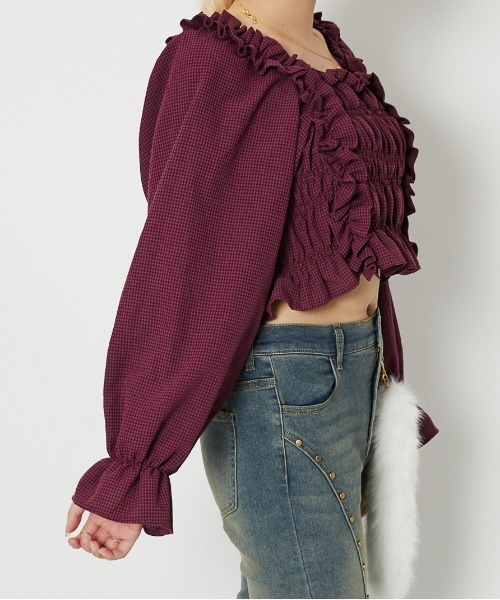 GORGE(ゴージ)の「《フリル×シャーリング》レディース チェック柄 ブラウス 長袖 トップス 体型カバー 春夏秋(シャツ/ブラウス・レディース・ブラウン/ボルドー/ブラック・F)」の6枚目の写真