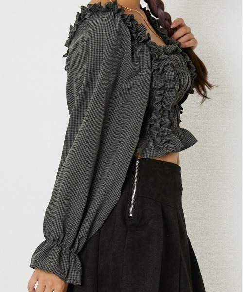 GORGE(ゴージ)の「《フリル×シャーリング》レディース チェック柄 ブラウス 長袖 トップス 体型カバー 春夏秋(シャツ/ブラウス・レディース・ブラウン/ボルドー/ブラック・F)」の8枚目の写真