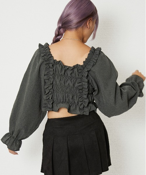 GORGE(ゴージ)の「《フリル×シャーリング》レディース チェック柄 ブラウス 長袖 トップス 体型カバー 春夏秋(シャツ/ブラウス・レディース・ブラウン/ボルドー/ブラック・F)」の9枚目の写真