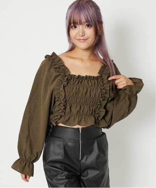 GORGE(ゴージ)の「《フリル×シャーリング》レディース チェック柄 ブラウス 長袖 トップス 体型カバー 春夏秋(シャツ/ブラウス・レディース・ブラウン/ボルドー/ブラック・F)」の10枚目の写真