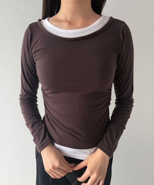Geeong(ジーオン)の「【ZOZO限定】シャーリング バイカラー レイヤード カットソー(Tシャツ/カットソー・レディース・ブラック/ブルー/グレー/ブラウン・FREE)」の3枚目の写真