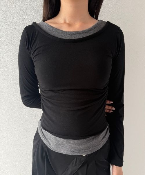 Geeong(ジーオン)の「【ZOZO限定】シャーリング バイカラー レイヤード カットソー(Tシャツ/カットソー・レディース・ブラック/ブルー/グレー/ブラウン・FREE)」の1枚目の写真