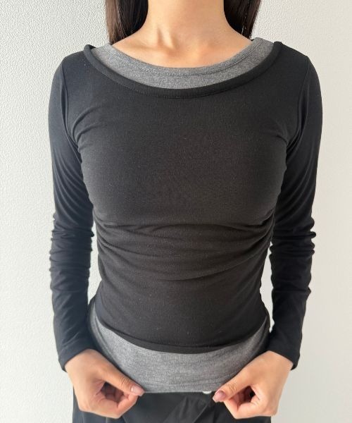 Geeong(ジーオン)の「【ZOZO限定】シャーリング バイカラー レイヤード カットソー(Tシャツ/カットソー・レディース・ブラック/ブルー/グレー/ブラウン・FREE)」の9枚目の写真