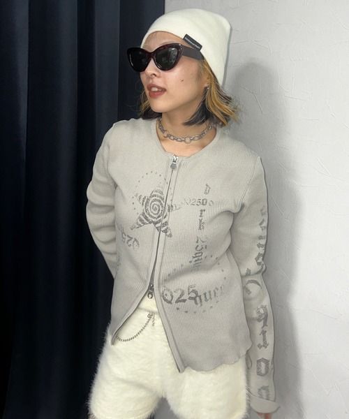 25quee】プリントZIPカーディガン/596411（カーディガン/ボレロ